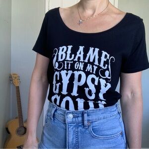 3/$20 Black graphic scoop neck tee, size L